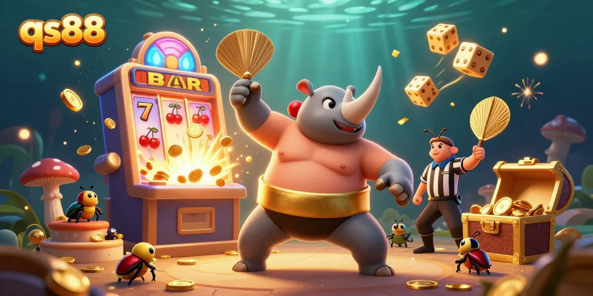 Experience the thrill of qs88 as a 3D sumo beetle stomp generates gold coins amidst vibrant casino elements.