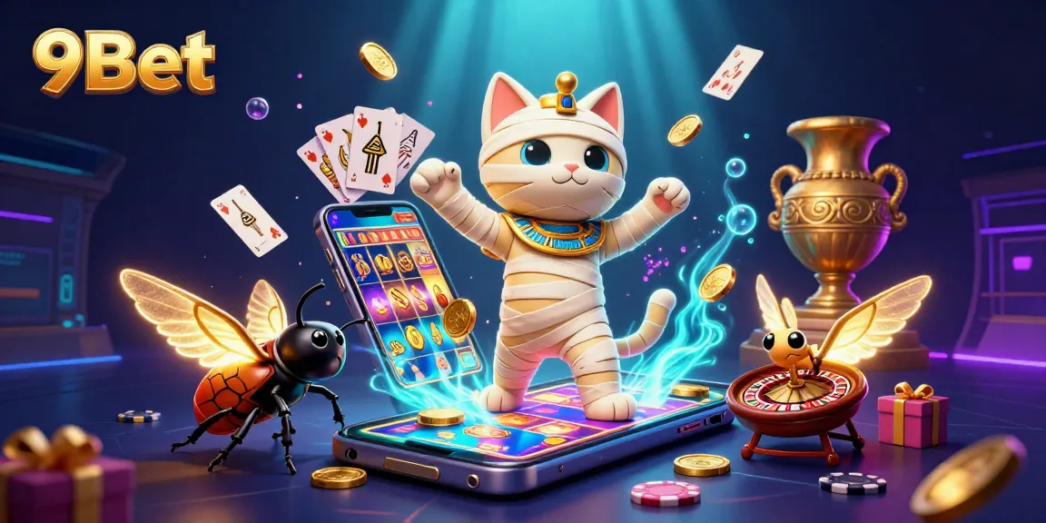 Experience vibrant gameplay with 9Bet as mummy cat and scarab beetle engage in casino fun.