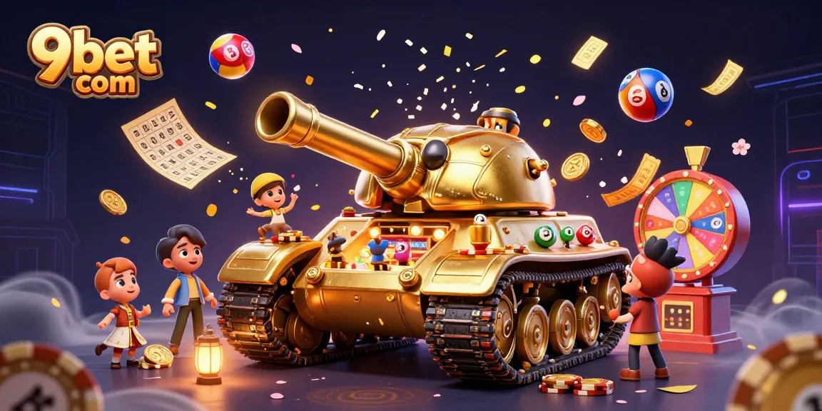 Engage with fun lottery elements and the 9bet com gaming experience in this vibrant 3D casino scene.