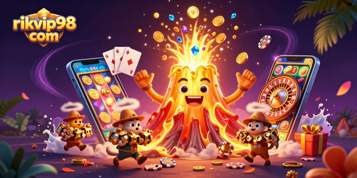 Experience the excitement of rikvip98 com with a vibrant 3D casino illustration featuring treasure and slot games.