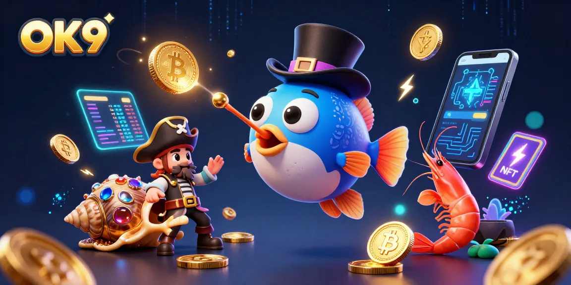 Spin the reels with OK9 as a glowing anglerfish lures coins amidst vibrant crypto elements.